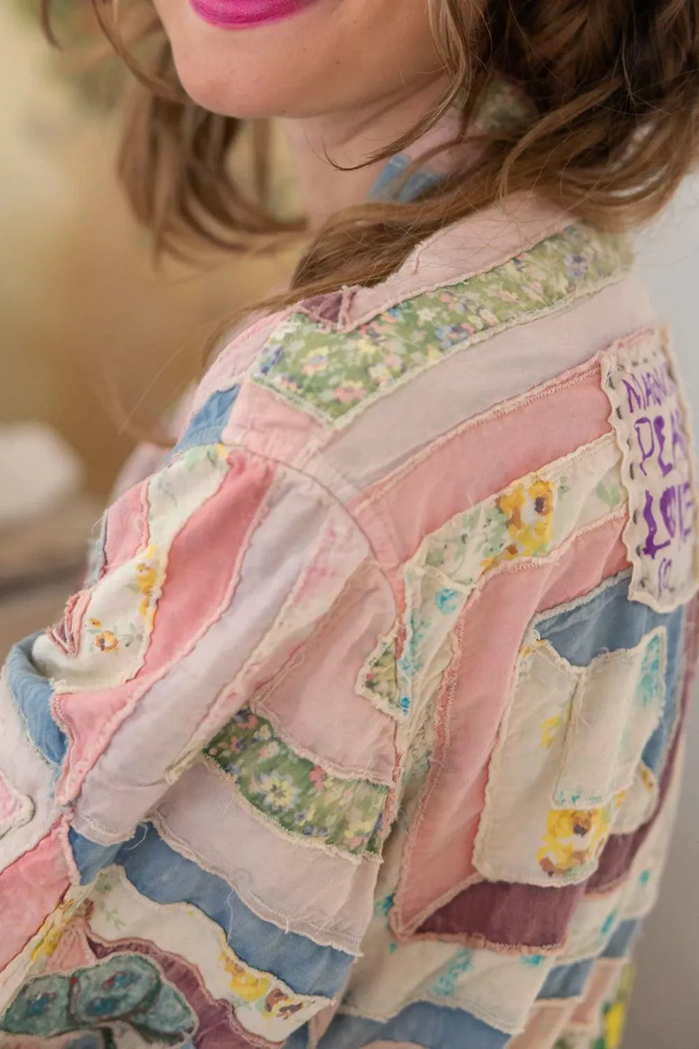 Optimized Title: Magnolia Pearl Log Cabin Quiltwork Ondra Coat Jacket 824 - Artistic Patchwork Design