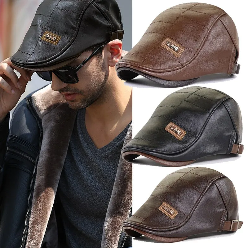 Men PU Leather Newsboy Hats Cap Berets