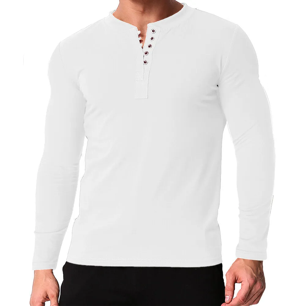 Men's V Neck Long Sleeve Button Tee Casual Slim Fit Comfortable Shirt Camping Hiking Travel