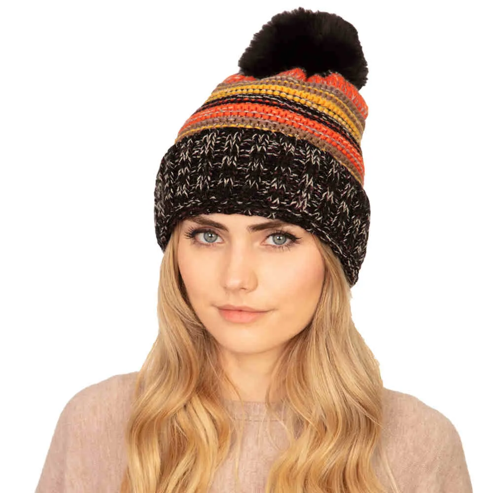 Multi Colored Striped Fleece Pom Pom Beanie Hat