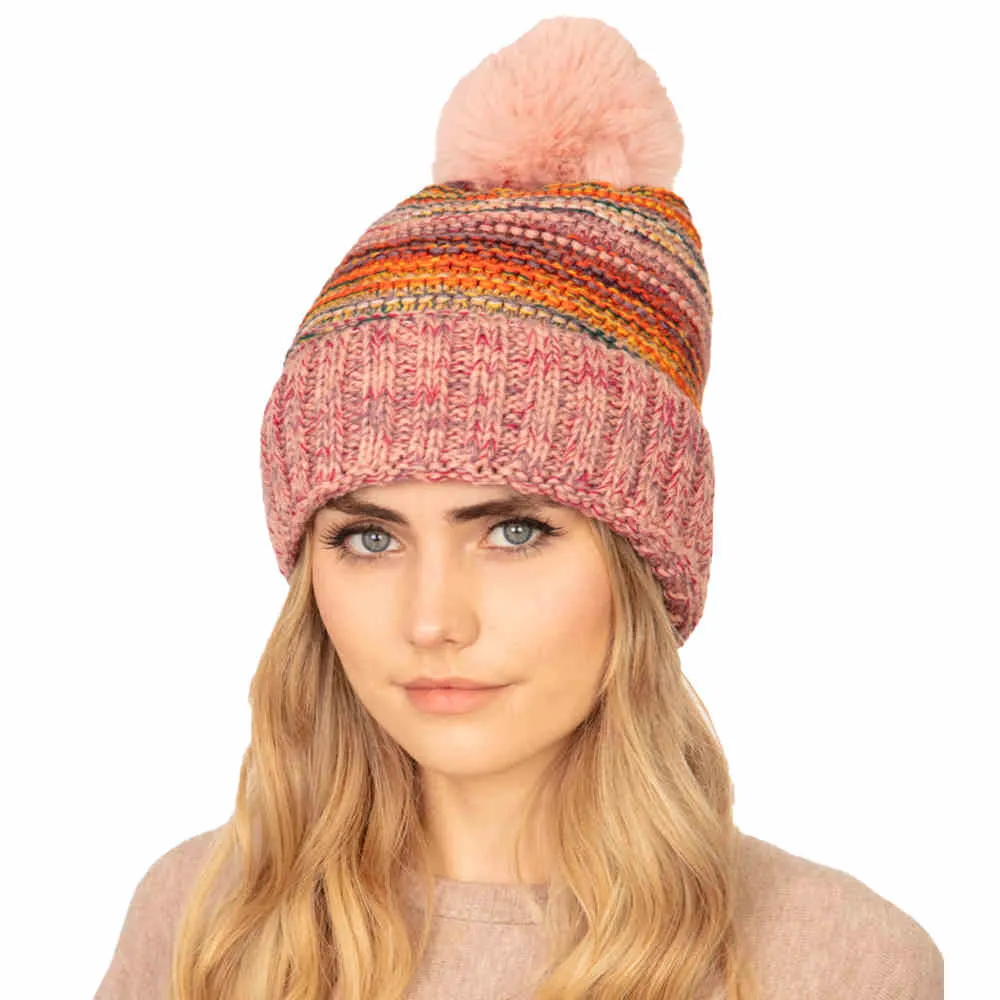 Multi Colored Striped Fleece Pom Pom Beanie Hat