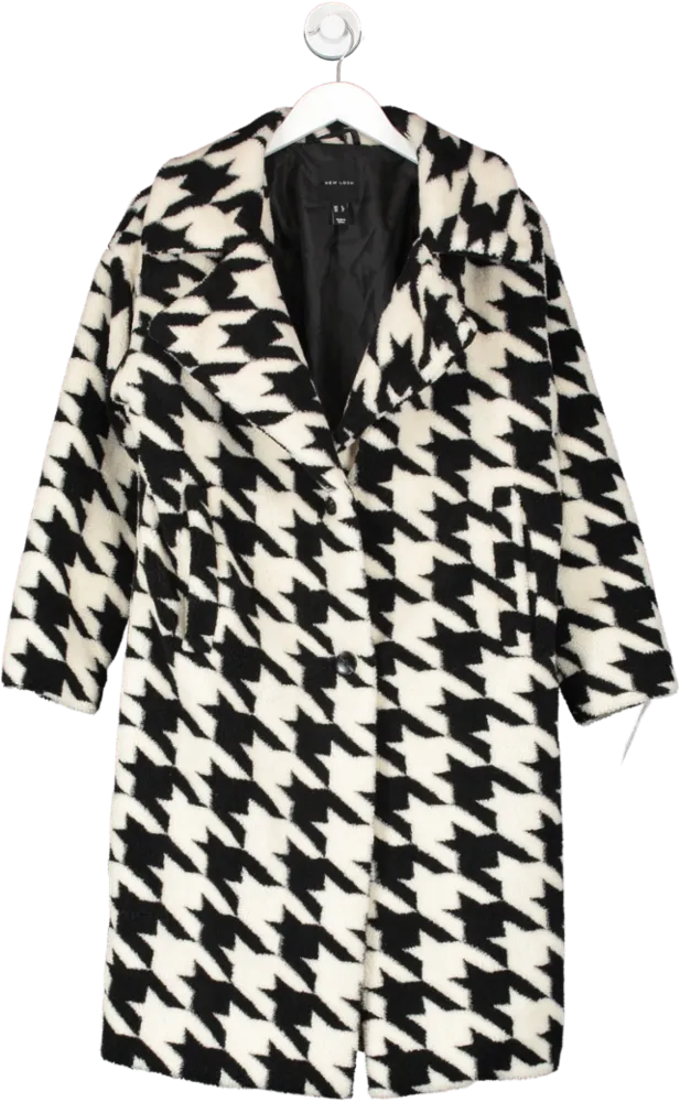 New Look Black Teddy Coat In Dogtooth Pattern UK 8