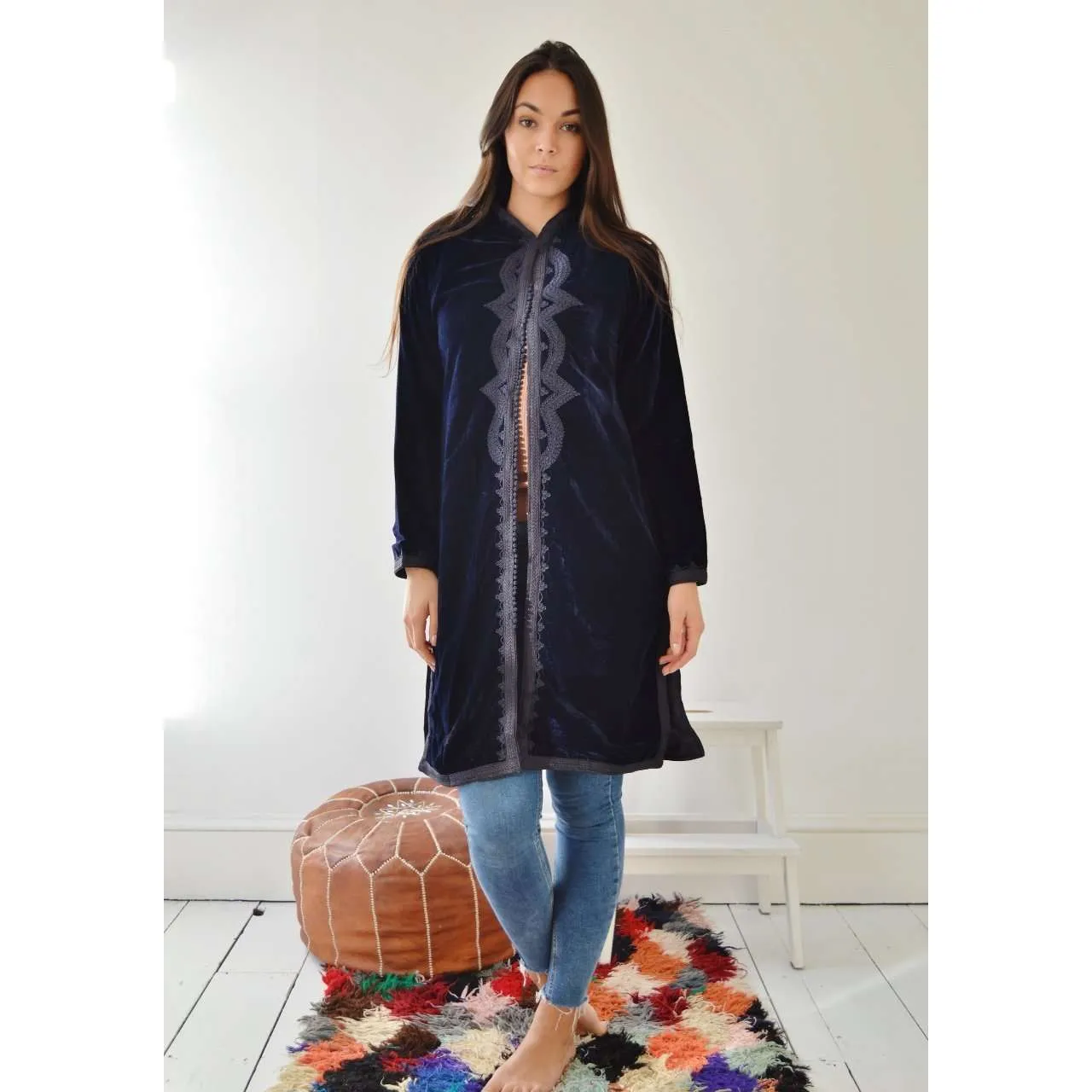 New Navy Blue Velvet Luxury Bohemian Jacket with Black Embroidery- bohemian Jacket