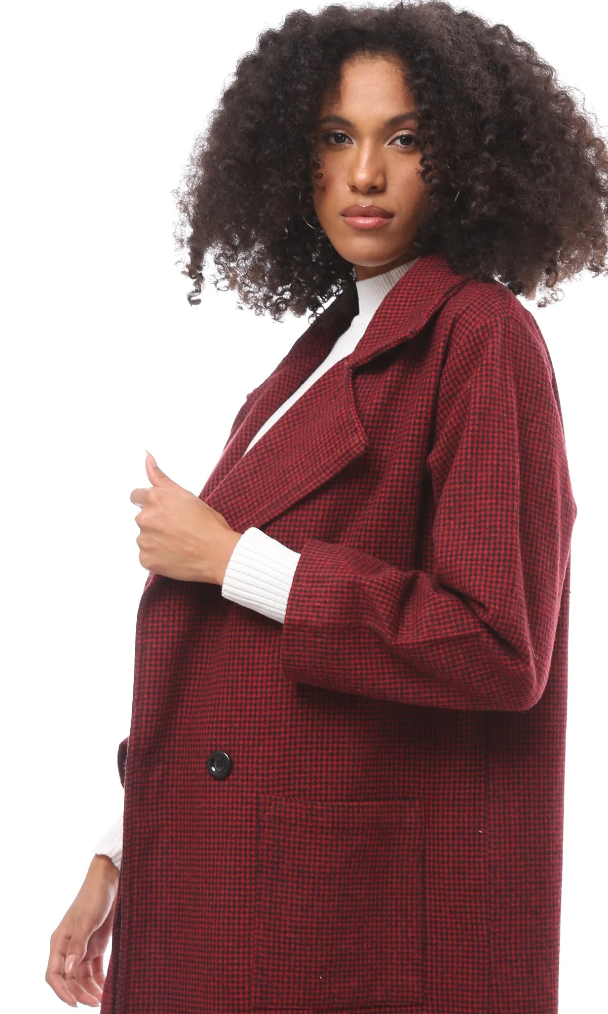 O174174 Houndstooth Red & Black Buttoned Long Gokh Coat