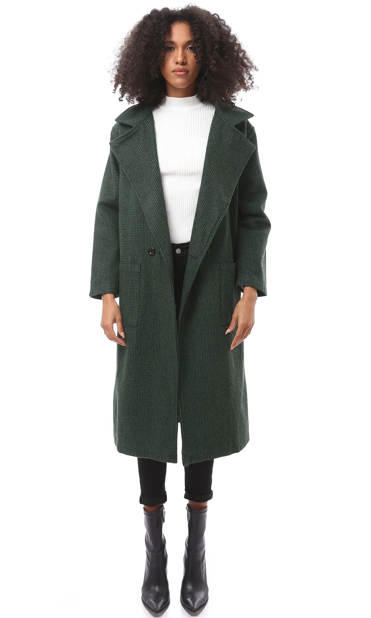 O174175 Dark Green & Black Houndstooth Coat With Pockets