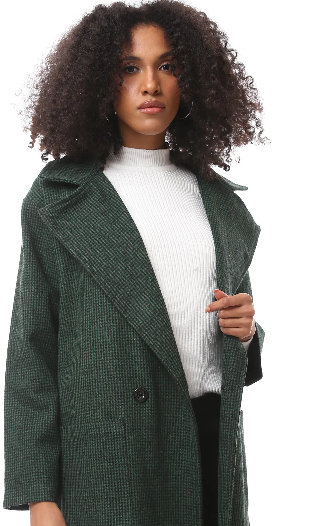 O174175 Dark Green & Black Houndstooth Coat With Pockets