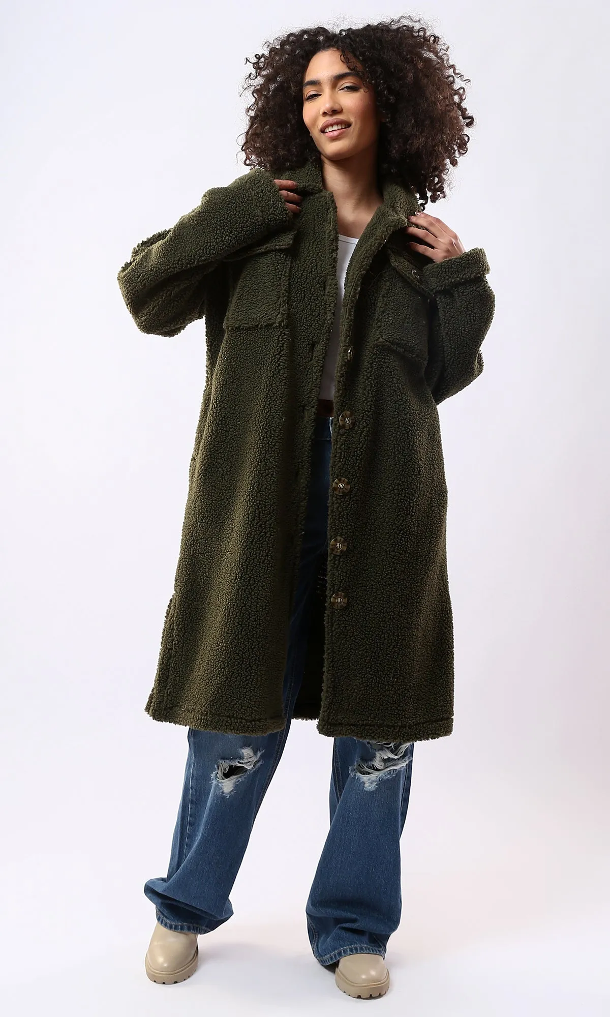 O175362 Olive Wool Full Buttons Coziness Coat