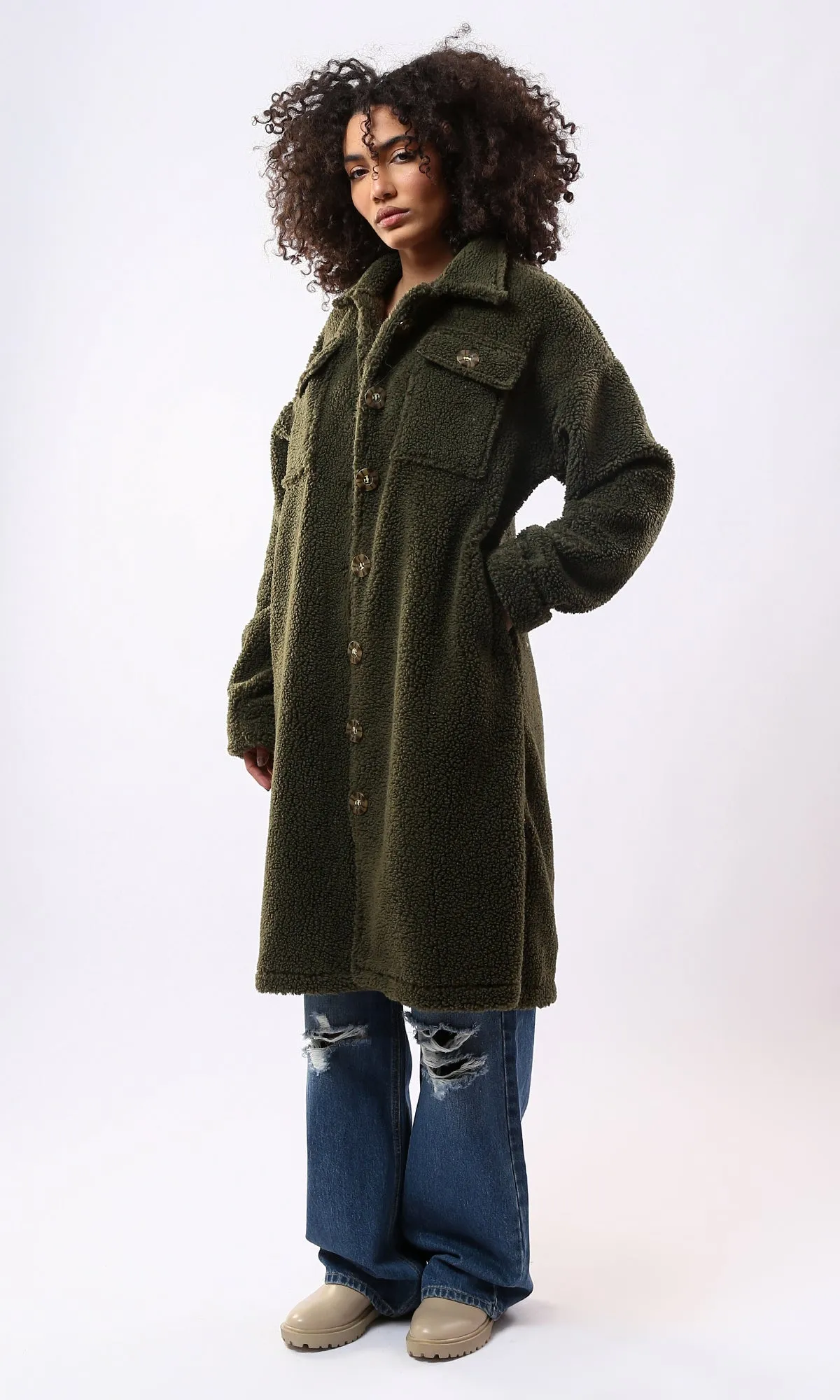 O175362 Olive Wool Full Buttons Coziness Coat