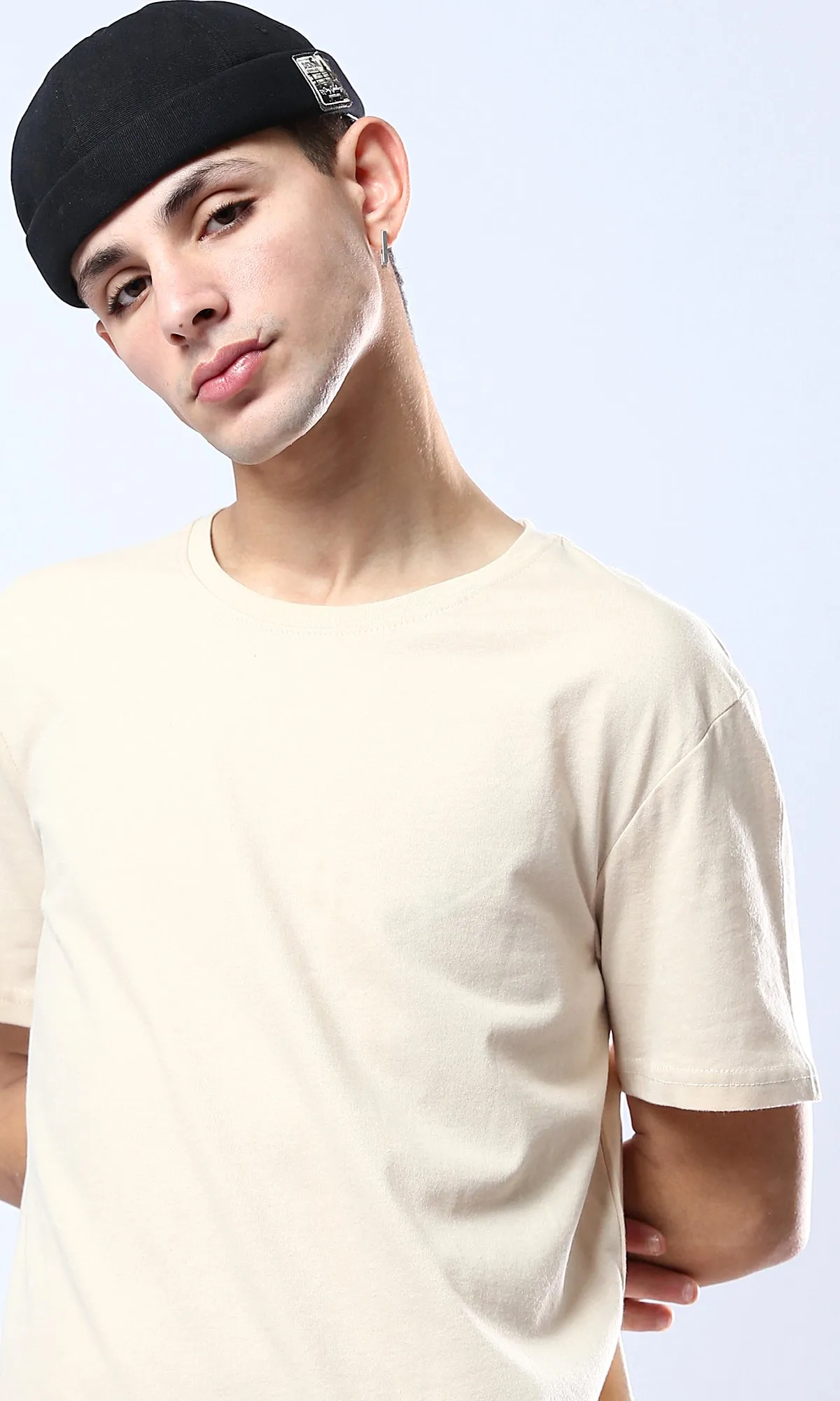 O178819 Beige Crew Neck Solid Basic Tee