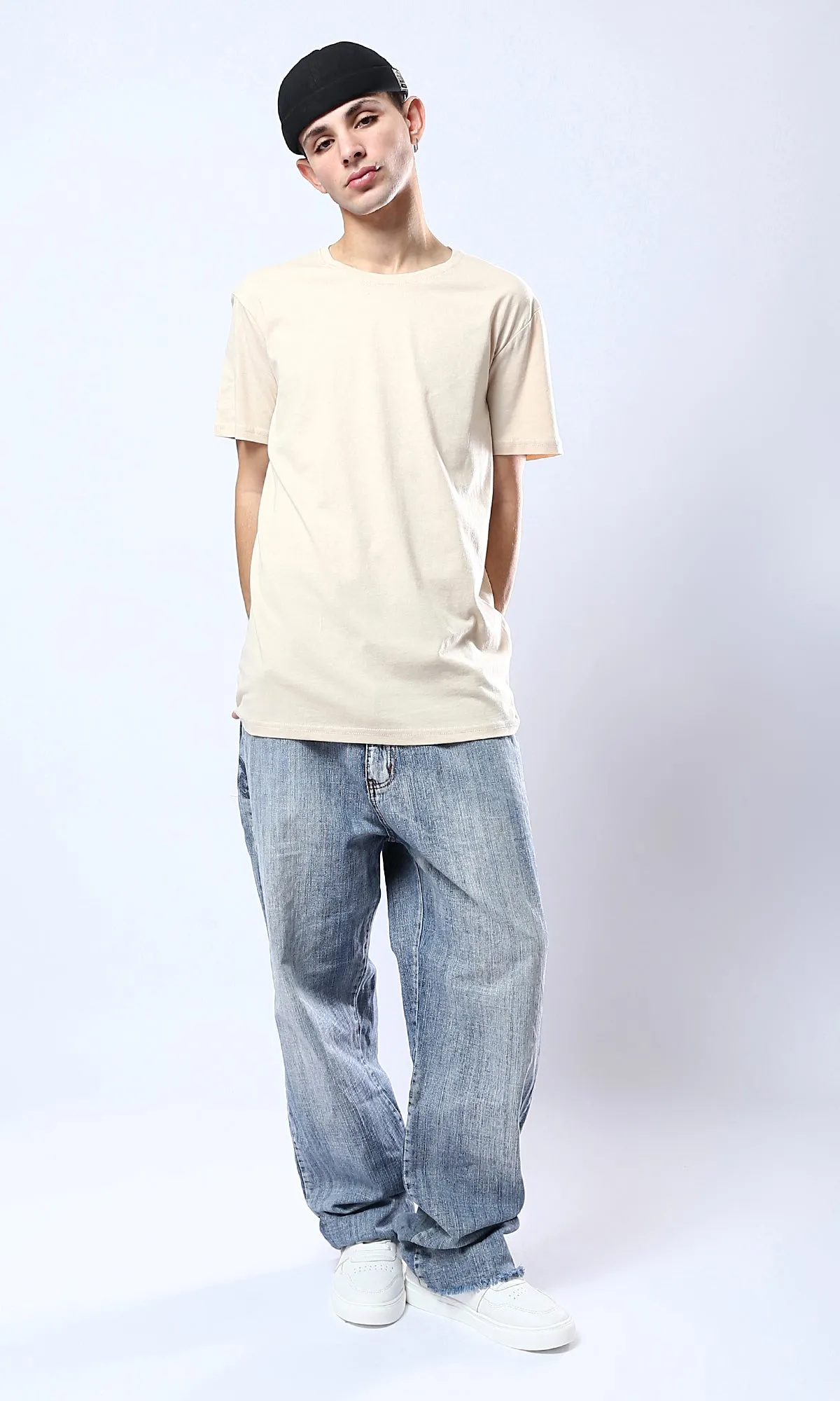 O178819 Beige Crew Neck Solid Basic Tee