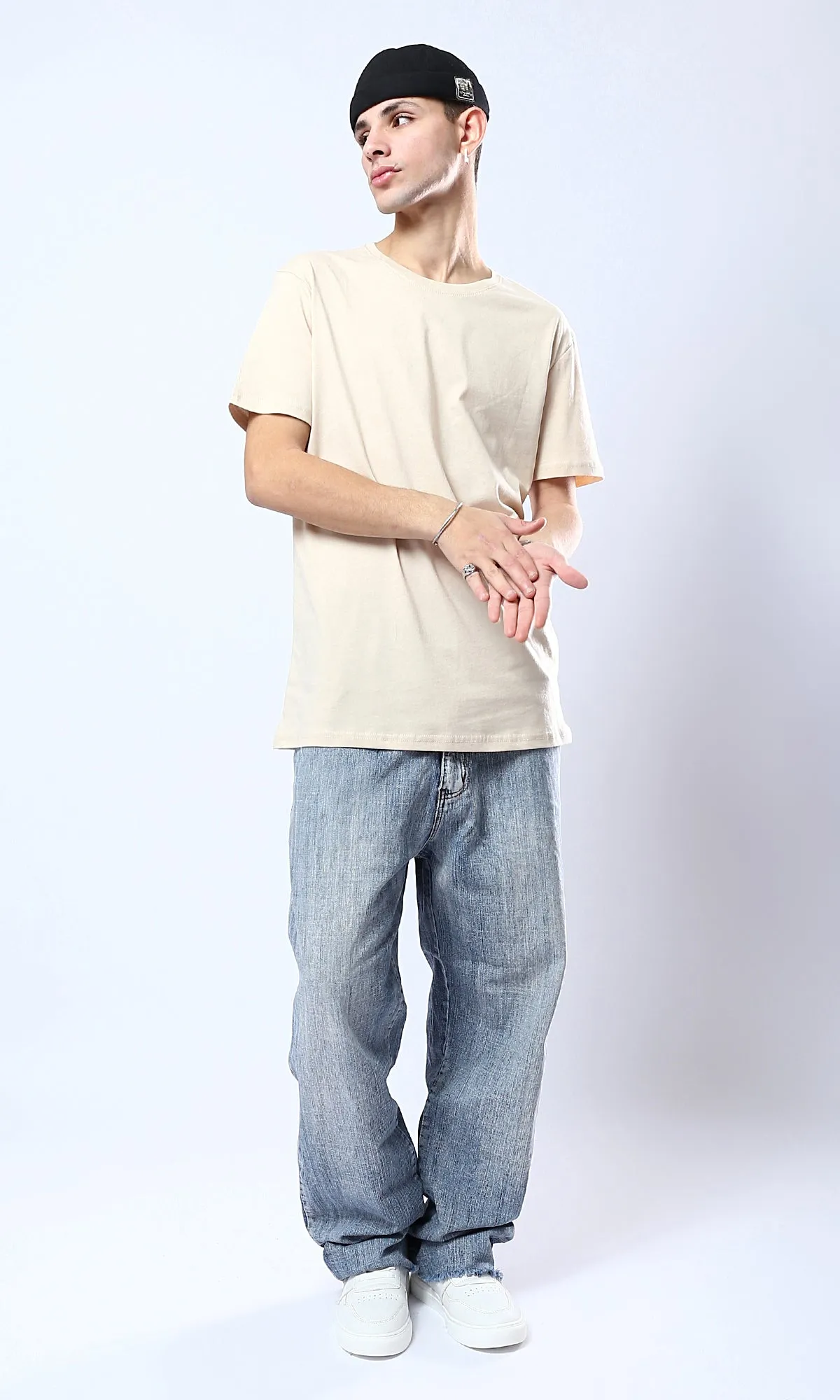 O178819 Beige Crew Neck Solid Basic Tee