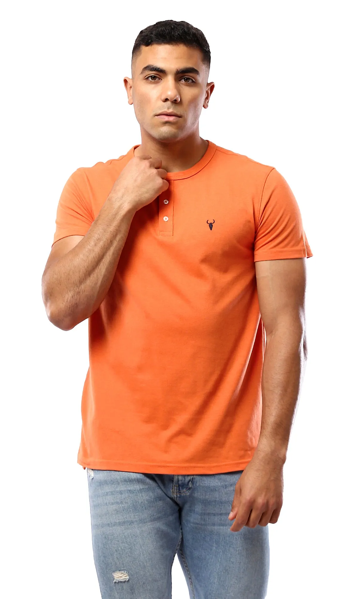 O180633 Short Sleeves Buttoned Orange Henley Shirt