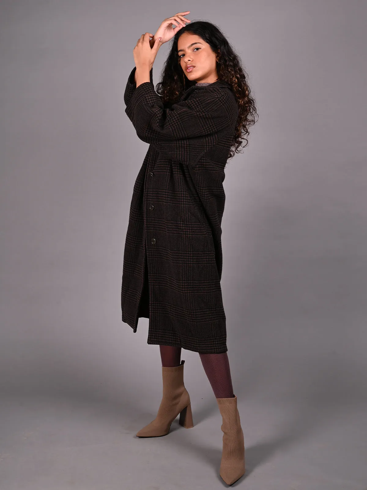 Odette Black and Brown Patterned Woollen Overcoat for Women