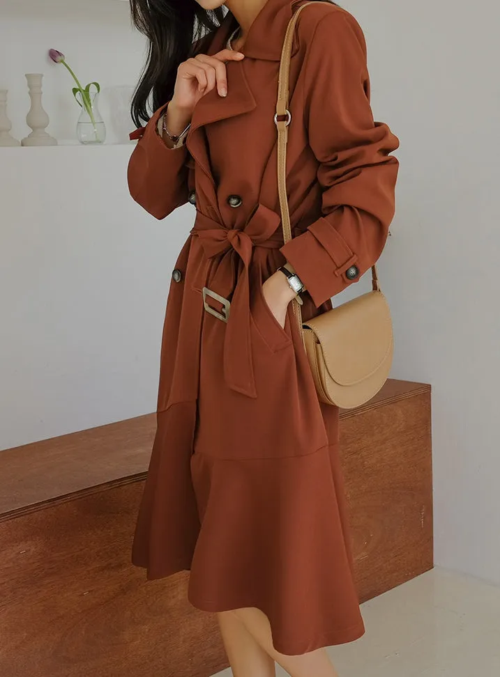 Pink Brown Sheer Flared Classic Double Breasted Trench Coats Belted For Womens Long Outerwear Spring Autumn Korean Drama Fashion