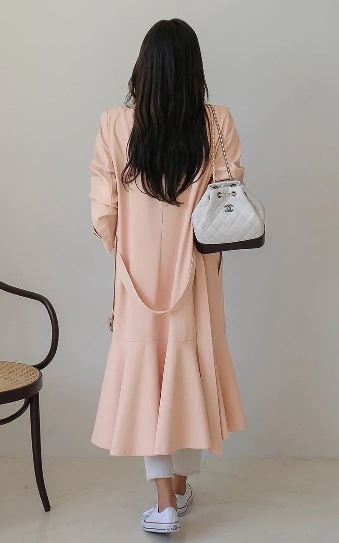 Pink Brown Sheer Flared Classic Double Breasted Trench Coats Belted For Womens Long Outerwear Spring Autumn Korean Drama Fashion