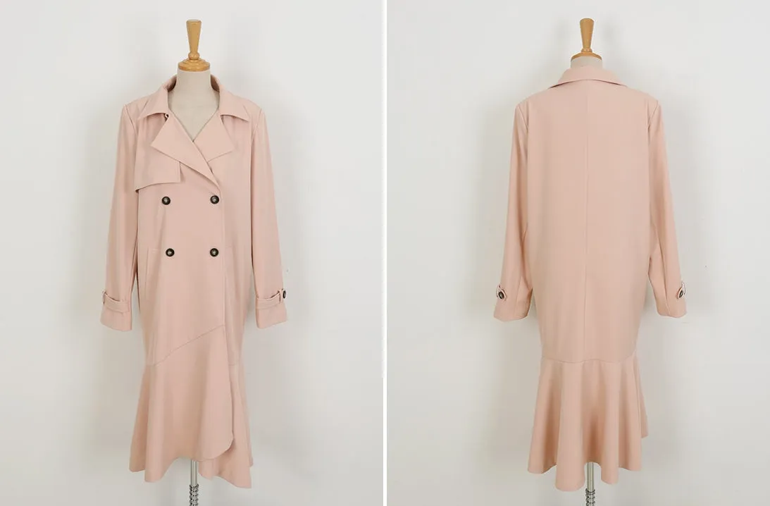 Pink Brown Sheer Flared Classic Double Breasted Trench Coats Belted For Womens Long Outerwear Spring Autumn Korean Drama Fashion