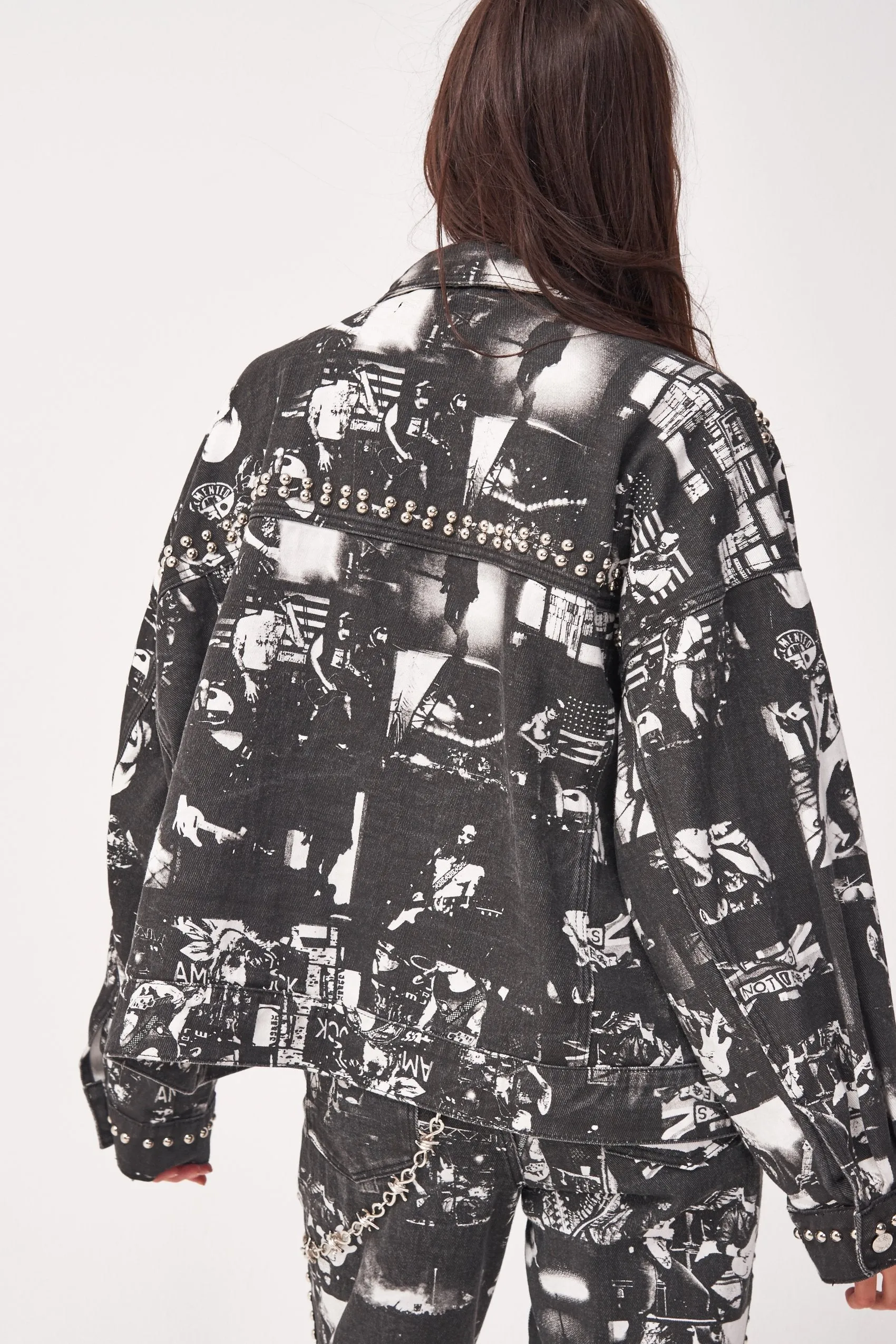 Punk Rock Photograph Print Studded Denim Jacket