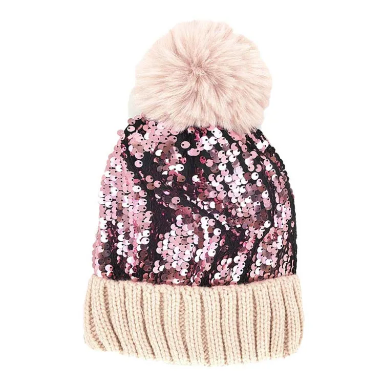 Sequin Pom Pom Knit Beanie Hat