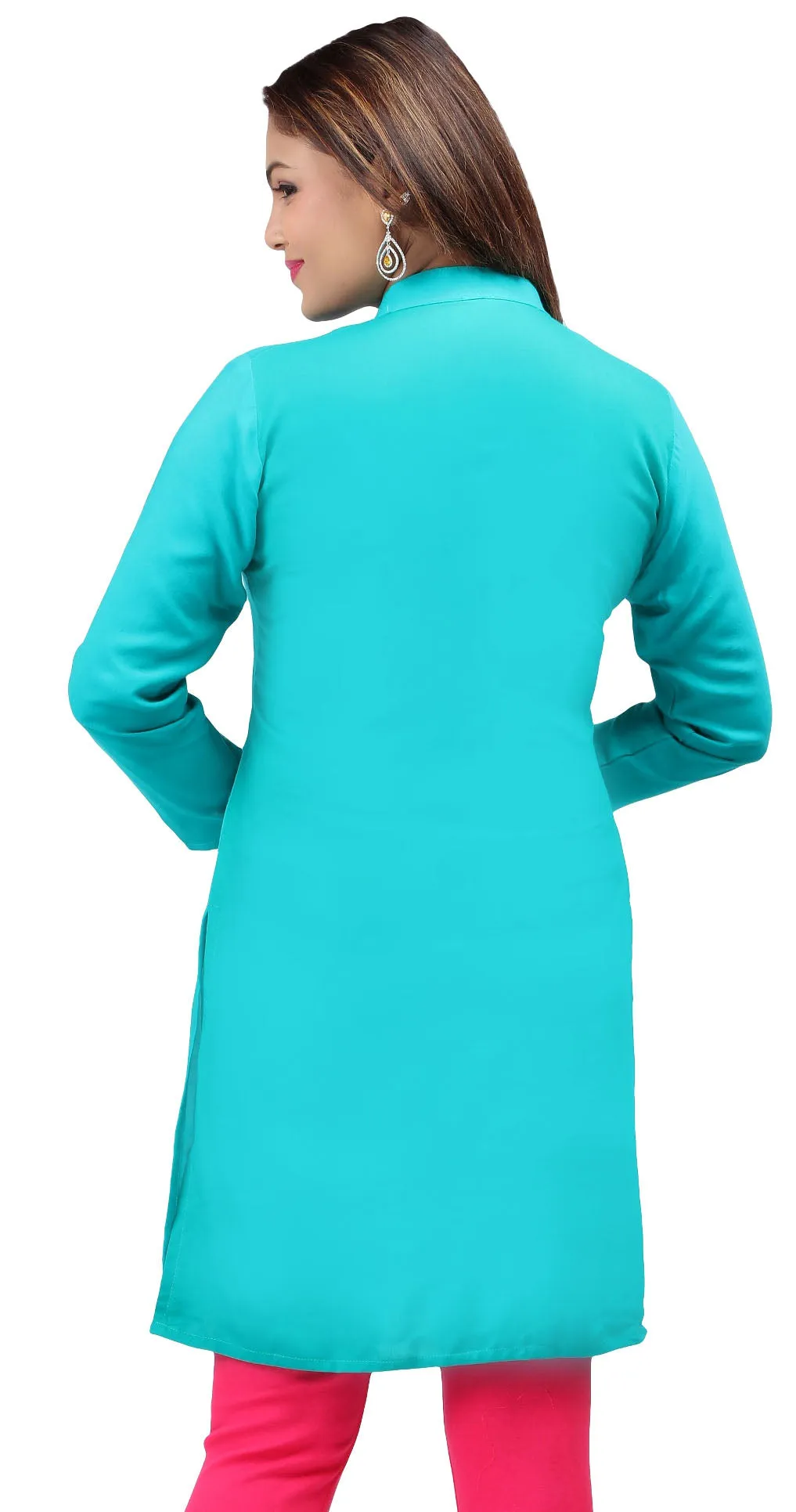 Short Kurti Women's Blouse Embroidered Indian Clothing (Turquoise)