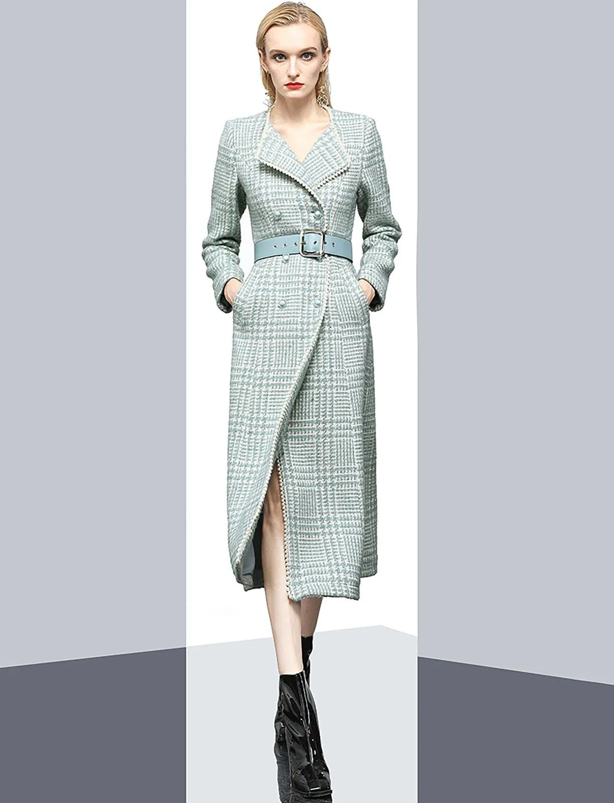 Sydney Green Plaid Double Breasted Belted Tweed Long Coat