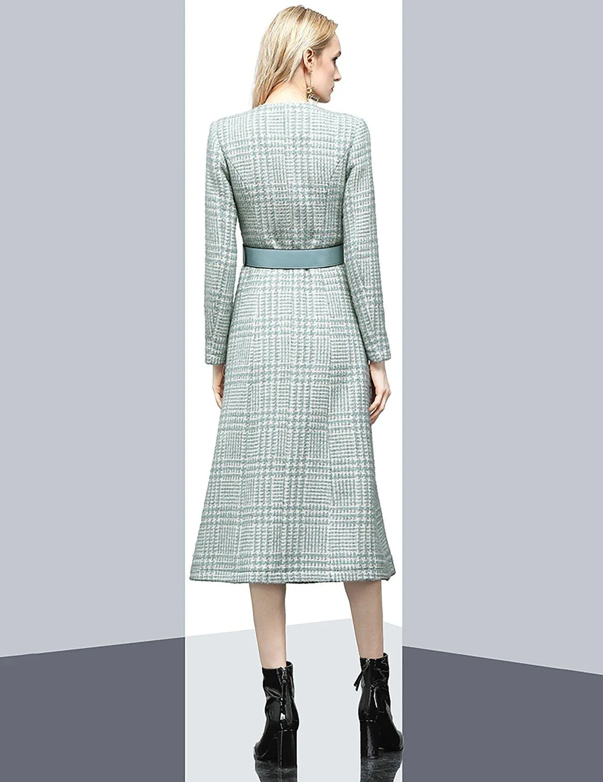 Sydney Green Plaid Double Breasted Belted Tweed Long Coat