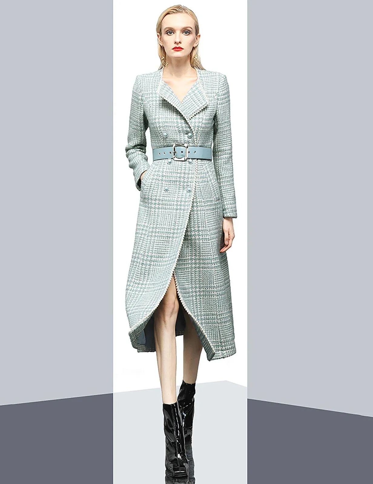 Sydney Green Plaid Double Breasted Belted Tweed Long Coat