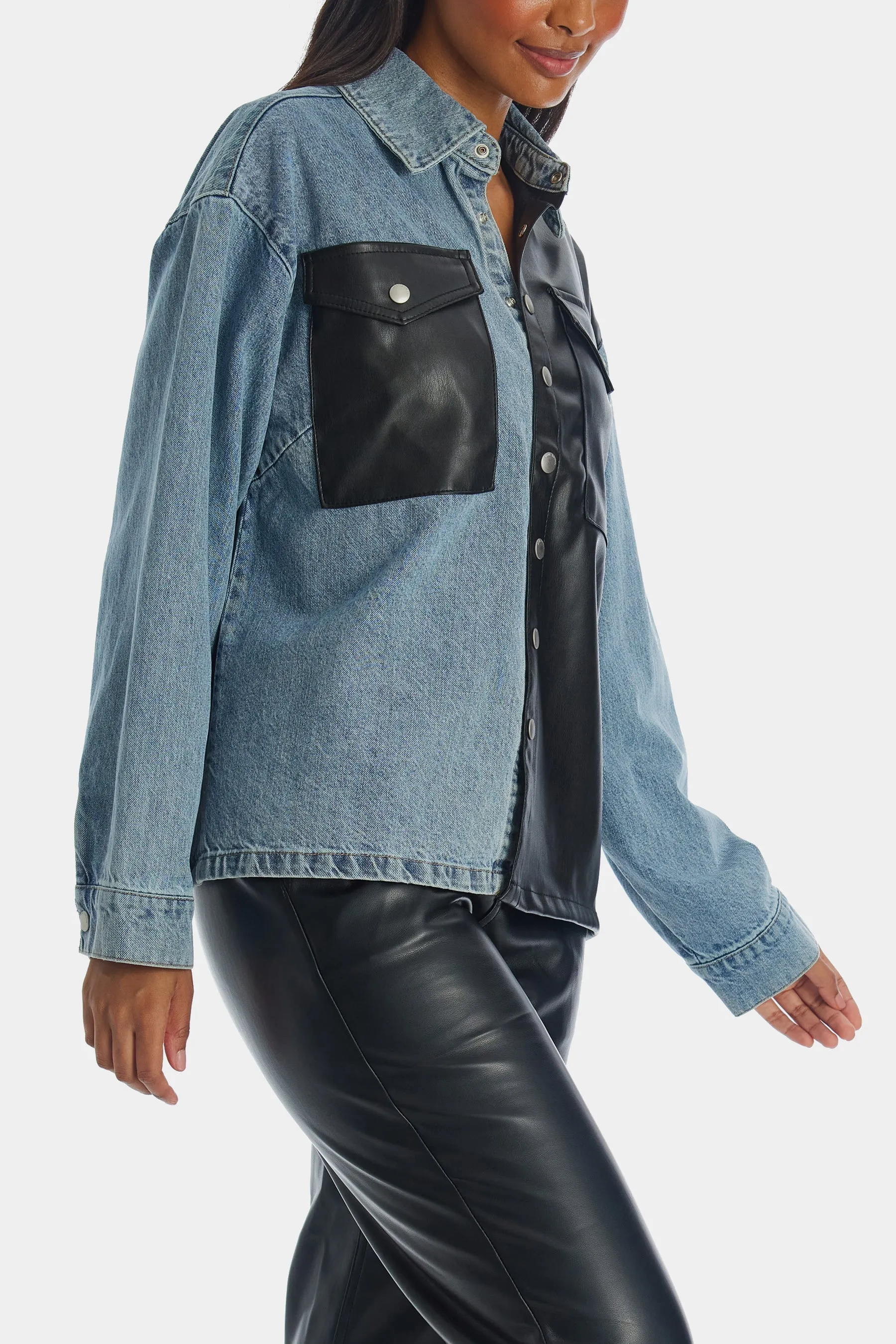 Unreal Leather & Denim Patchwork Shacket