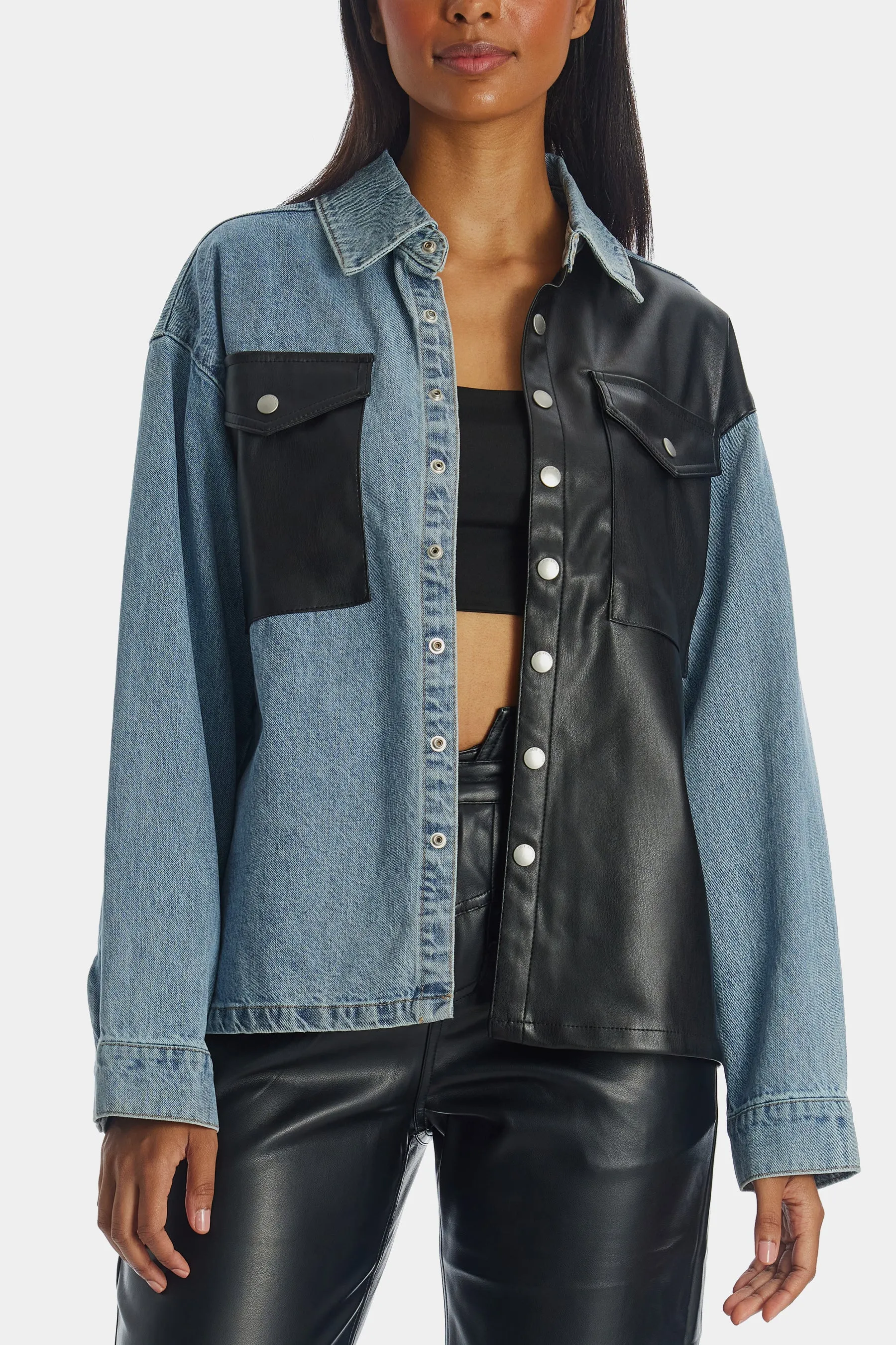 Unreal Leather & Denim Patchwork Shacket