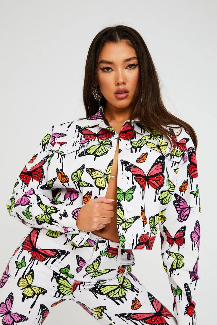 White Butterfly Print Denim Jacket