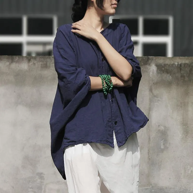 Women Bat-wing Casual Linen High Low Blouse