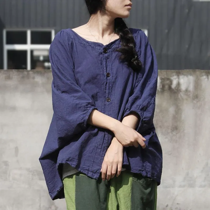 Women Bat-wing Casual Linen High Low Blouse