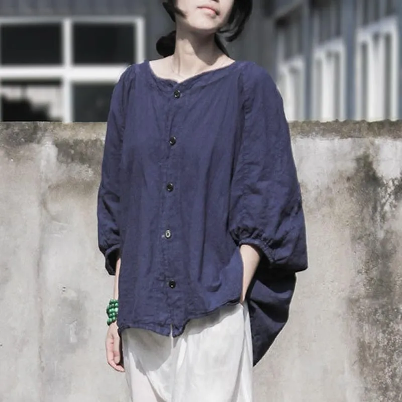 Women Bat-wing Casual Linen High Low Blouse