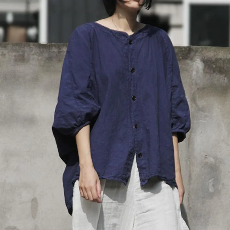 Women Bat-wing Casual Linen High Low Blouse