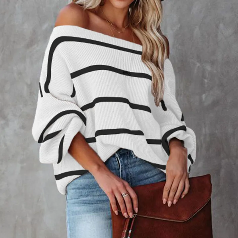 Women Sweaters Kniting Pullover Stripes Off Shoulder Long Sleeve