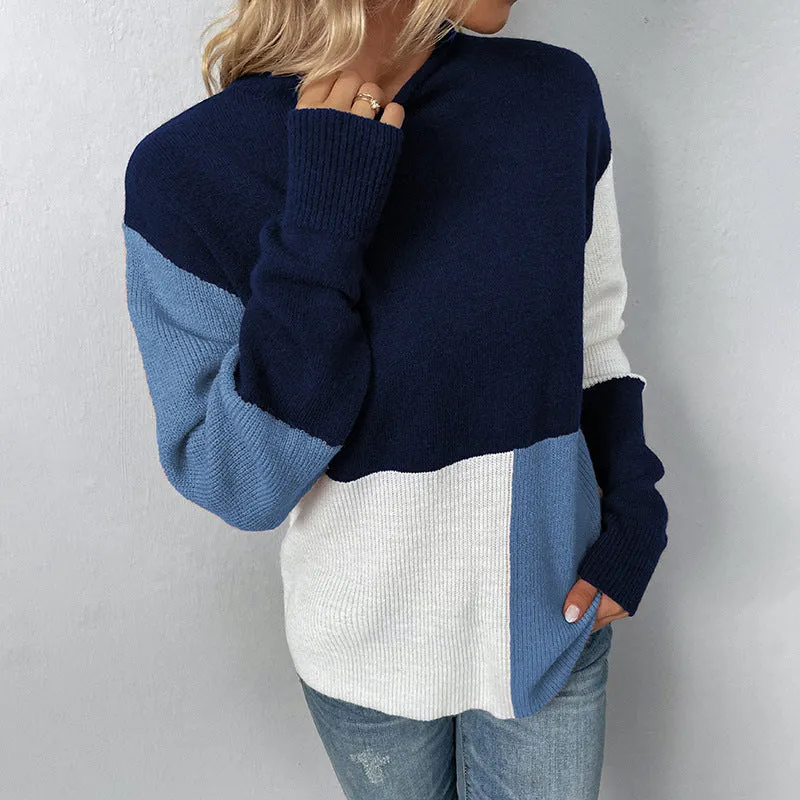 Women Sweaters Kniting Round Collar Pullover Bicolor Color Blocking