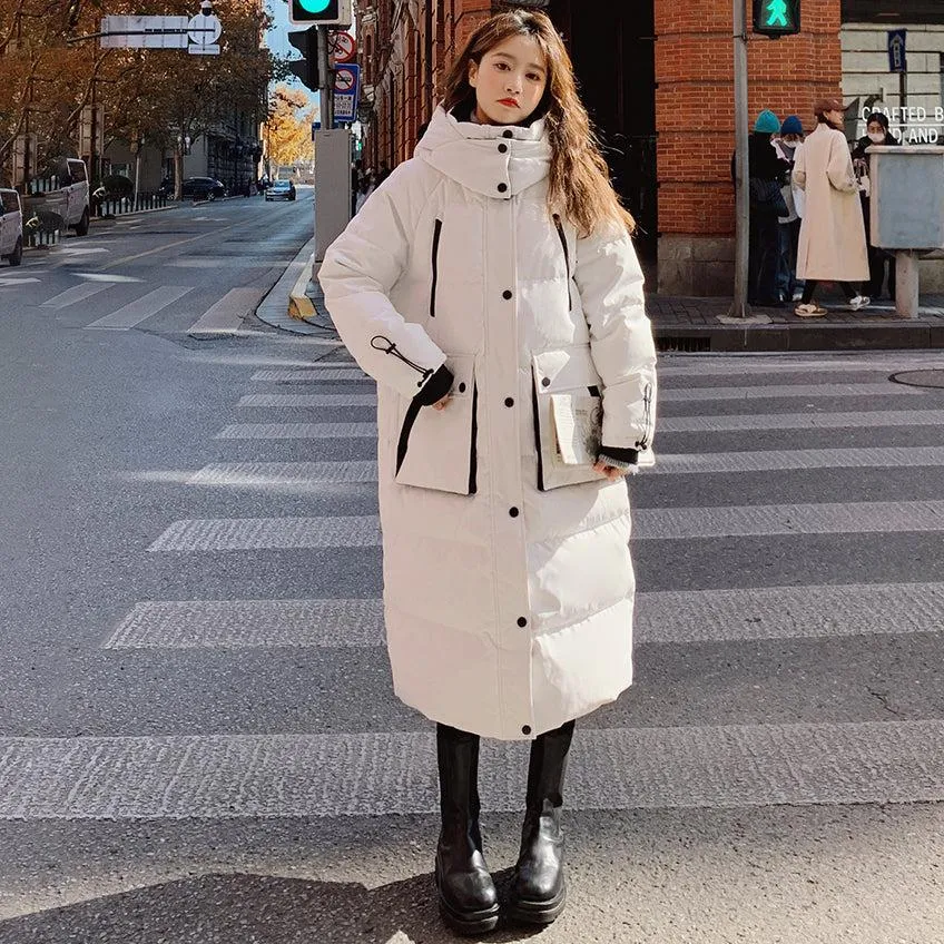 Women White Oversize Hooded Quilted Puffer Coat Black Loose Winter Parka Coat