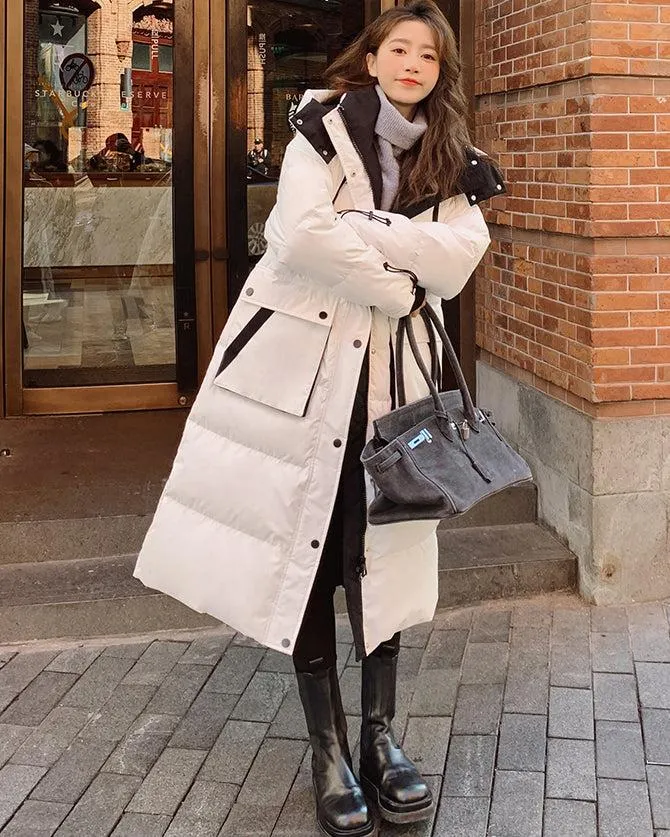 Women White Oversize Hooded Quilted Puffer Coat Black Loose Winter Parka Coat