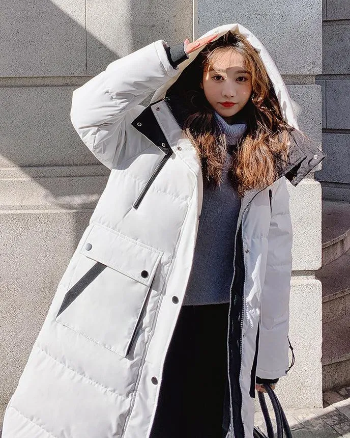 Women White Oversize Hooded Quilted Puffer Coat Black Loose Winter Parka Coat