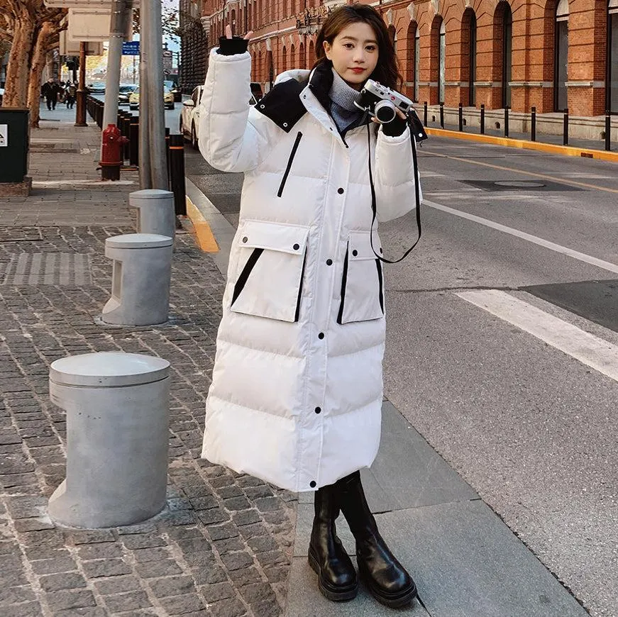 Women White Oversize Hooded Quilted Puffer Coat Black Loose Winter Parka Coat