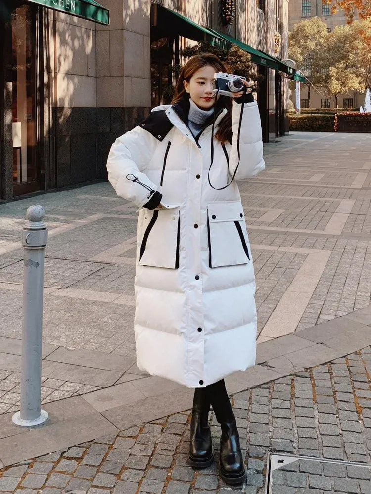 Women White Oversize Hooded Quilted Puffer Coat Black Loose Winter Parka Coat