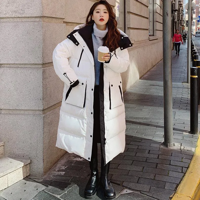 Women White Oversize Hooded Quilted Puffer Coat Black Loose Winter Parka Coat