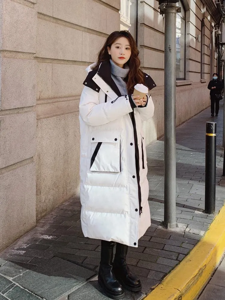 Women White Oversize Hooded Quilted Puffer Coat Black Loose Winter Parka Coat