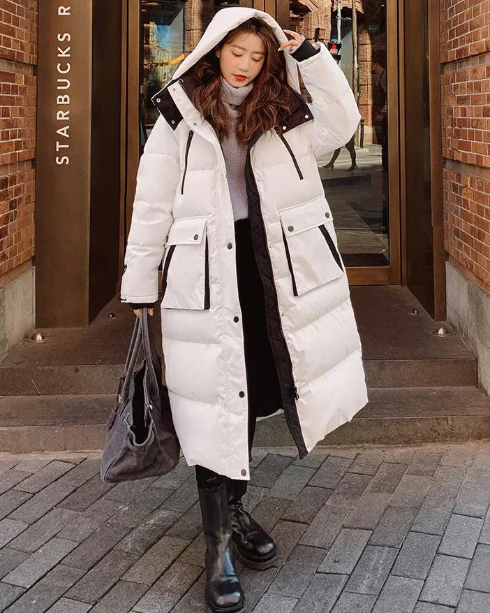 Women White Oversize Hooded Quilted Puffer Coat Black Loose Winter Parka Coat