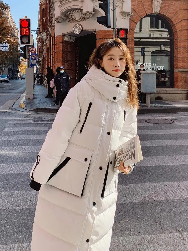 Women White Oversize Hooded Quilted Puffer Coat Black Loose Winter Parka Coat