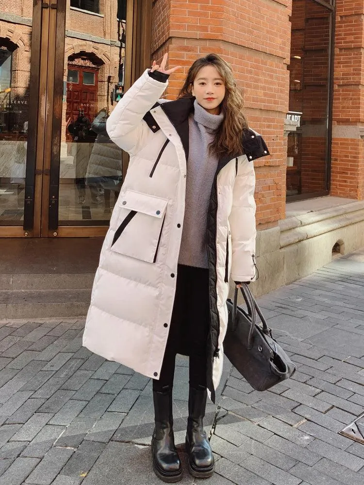 Women White Oversize Hooded Quilted Puffer Coat Black Loose Winter Parka Coat