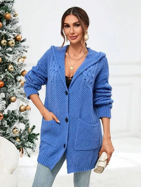 Women's Cozy Cable Knit Hooded Cardigan Coat