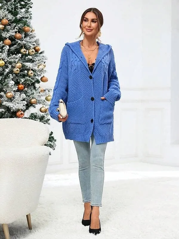 Women's Cozy Cable Knit Hooded Cardigan Coat