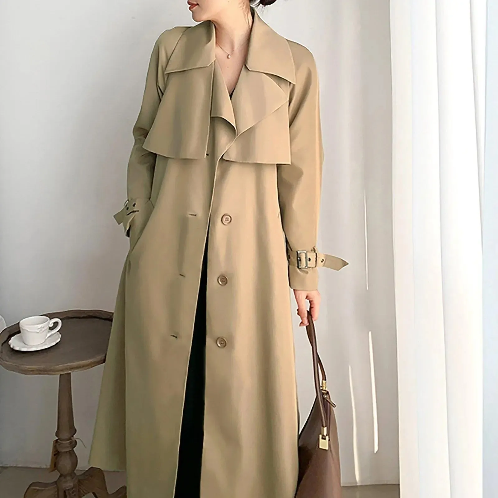 Women's khaki Cotton Blend Trench Coat,Belted Windbreaker Coat,Fall Coat Women,Beige trench coat,belt trench coat,Duster Coat,Vivian7 T103