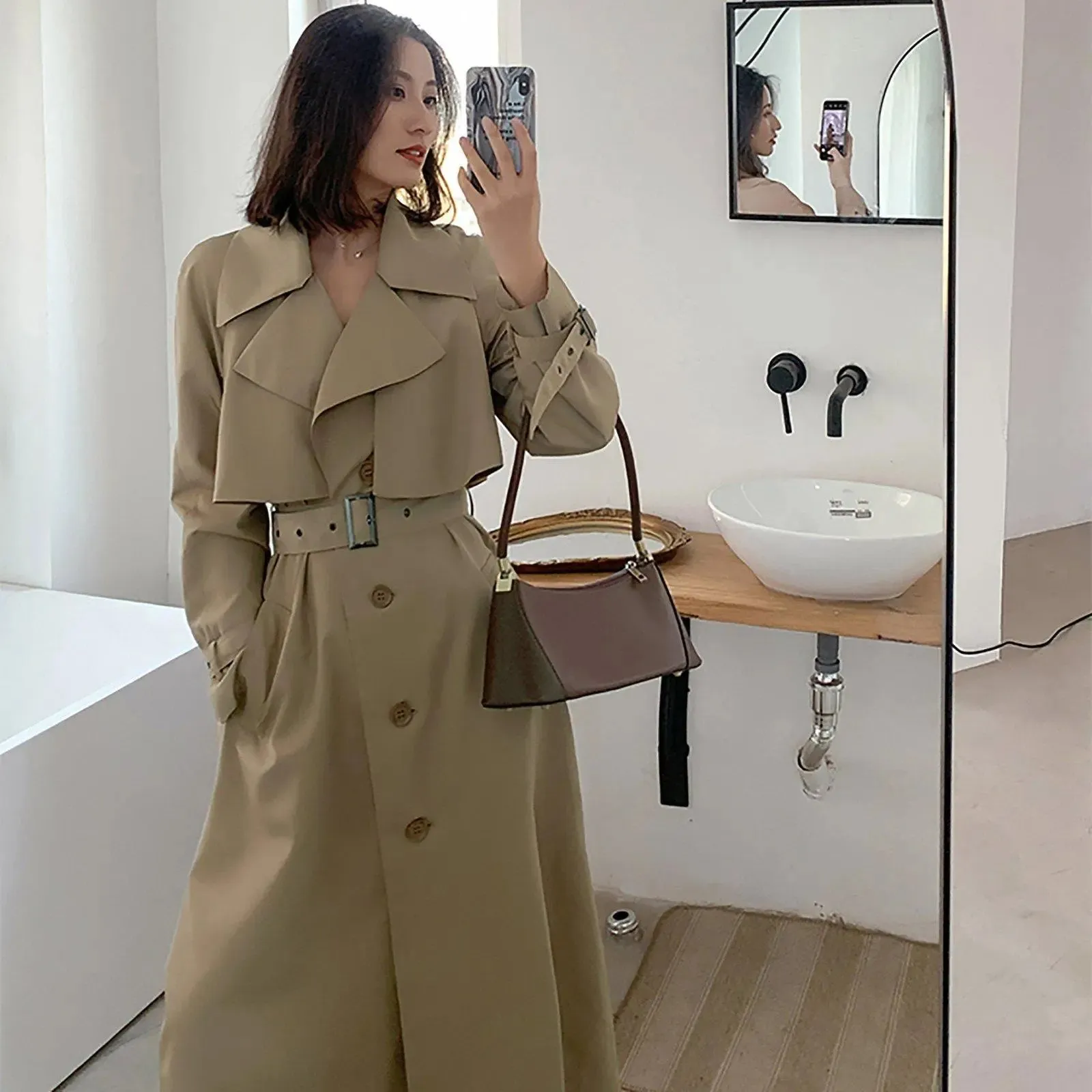 Women's khaki Cotton Blend Trench Coat,Belted Windbreaker Coat,Fall Coat Women,Beige trench coat,belt trench coat,Duster Coat,Vivian7 T103