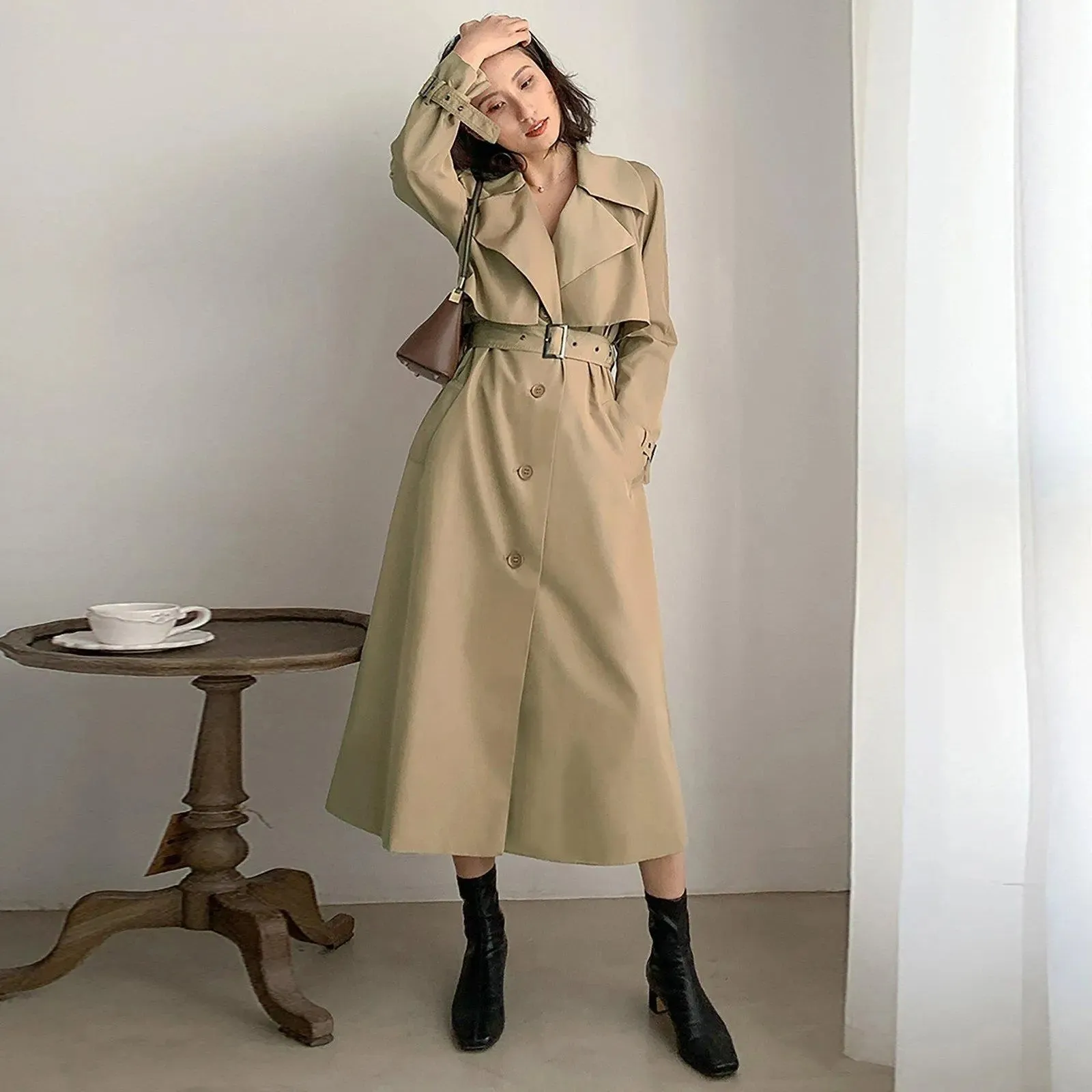 Women's khaki Cotton Blend Trench Coat,Belted Windbreaker Coat,Fall Coat Women,Beige trench coat,belt trench coat,Duster Coat,Vivian7 T103